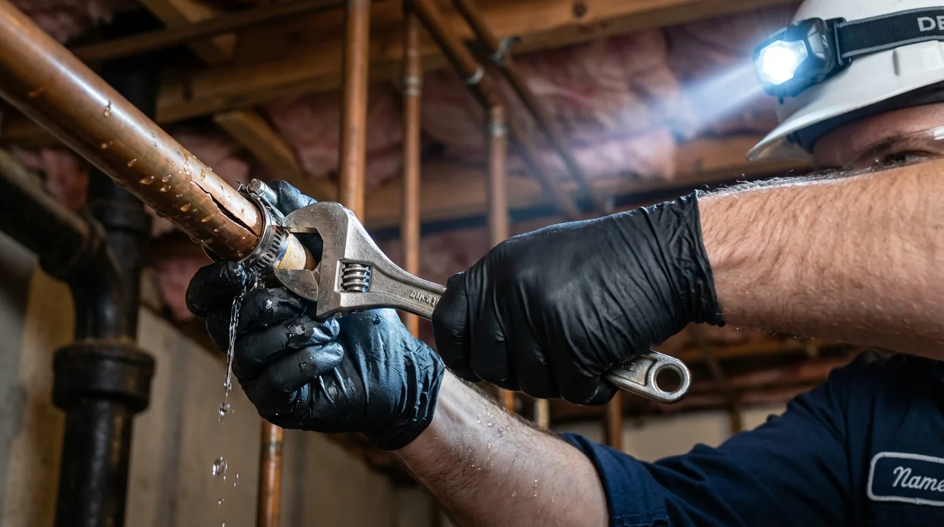 Emergency pipe clamp repair being performed by a Johns Plumbing LLC plumber in Amarillo