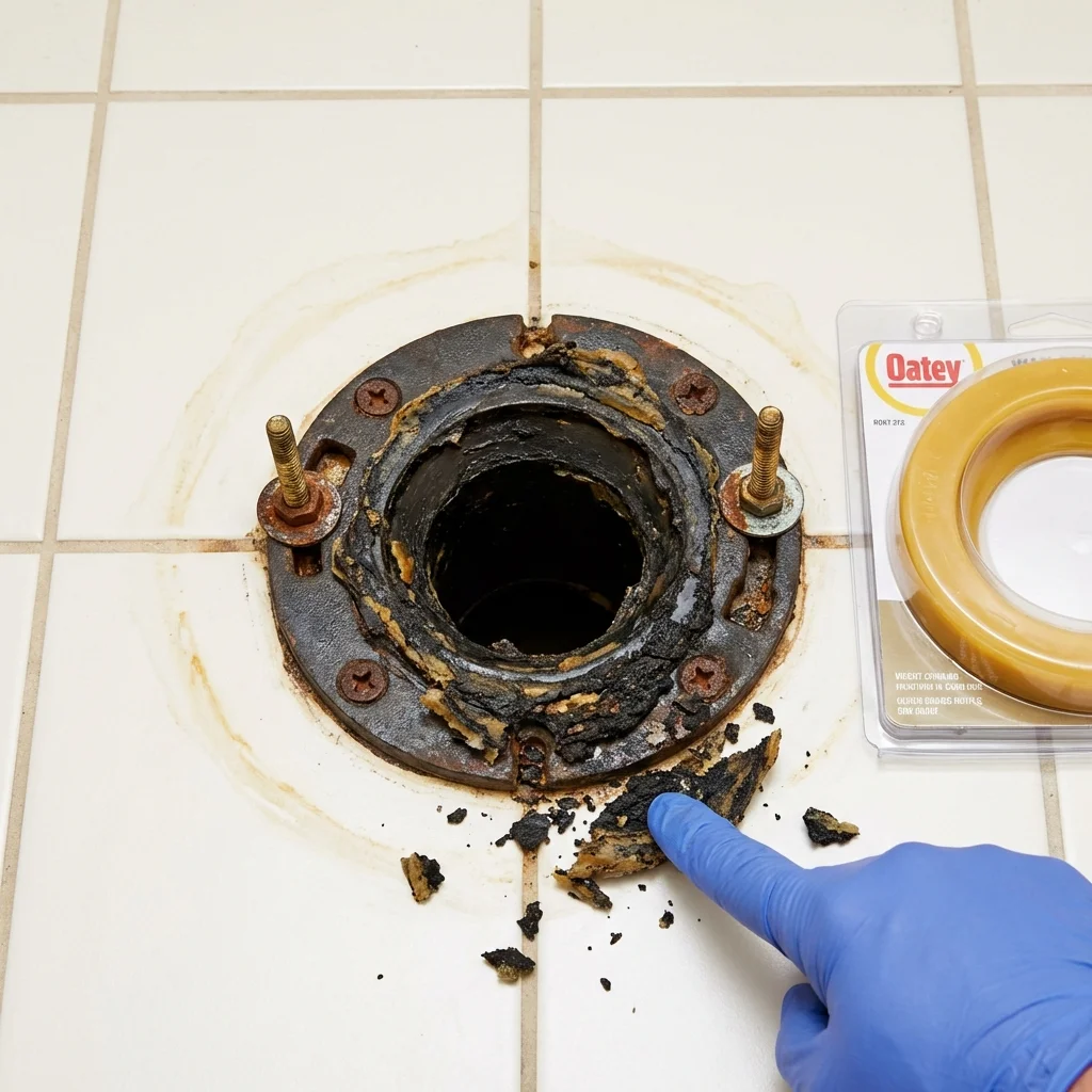 Failed wax ring showing water seepage at the base of a toilet in a Amarillo, TX home